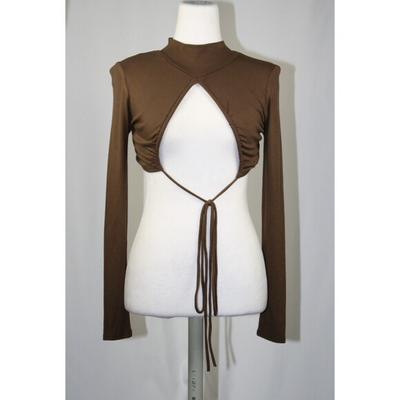 White Fox NWT Long Sleeve Open with Tie Front Festival Crop Top Stretchy Size S - Picture 2 of 9